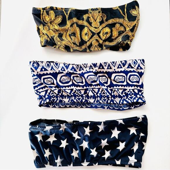 3 SEE YOU MONDAY Blue White Print Bandeau Strapless Tube Bralette Bra Crop Top S - Picture 6 of 9